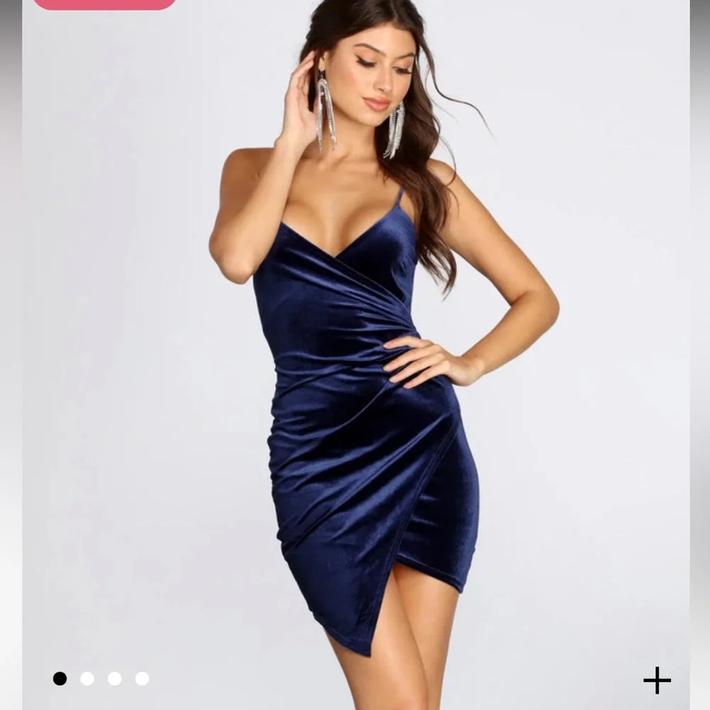 Velvet Asymmetrical Navy Blue Sexy Dress - Picture 9 of 11